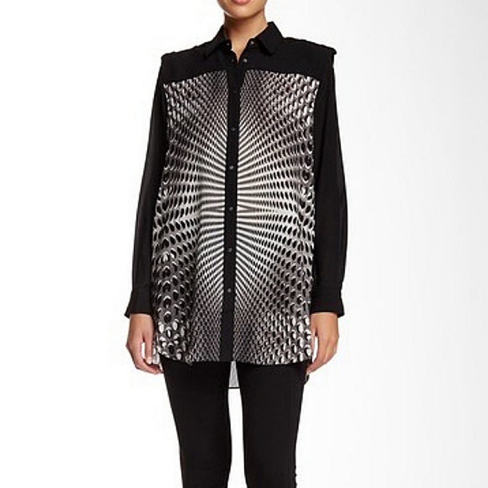 L.A.M.B. Techno Dot Print Black Silky Georgette Tunic Blouse Top NWOT XS